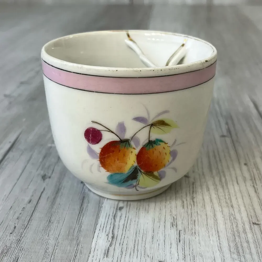 Vintage White Fruit Accent Gold Trim Mustache Mug Cup Decor